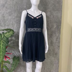 Abercrombie & Fitch Babydoll Dress Crochet Embroidered  Women's XL navy pockets